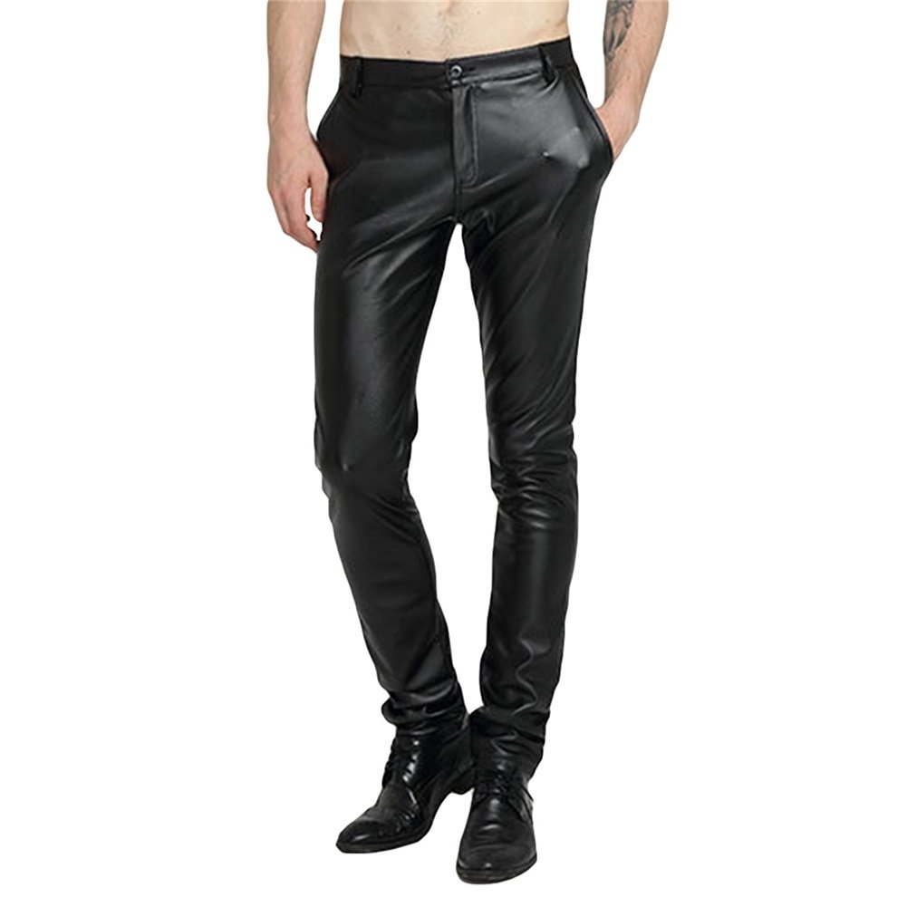 Mens Skinny Straight Leg Tapered Pu Faux Leather Motorcycle Biker Pants Image 2