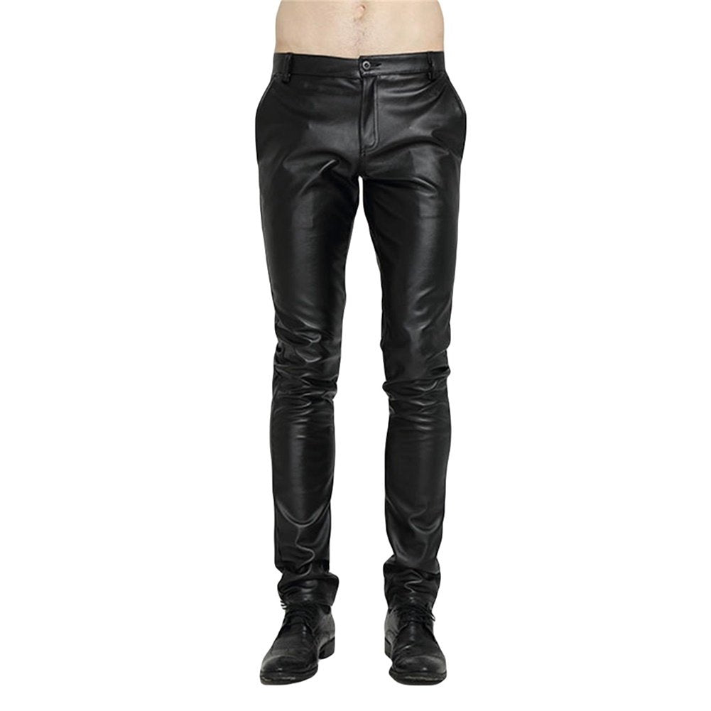 Mens Skinny Straight Leg Tapered Pu Faux Leather Motorcycle Biker Pants Image 3