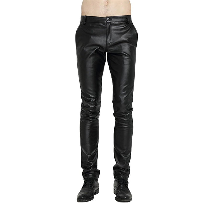 Mens Skinny Straight Leg Tapered Pu Faux Leather Motorcycle Biker Pants Image 3