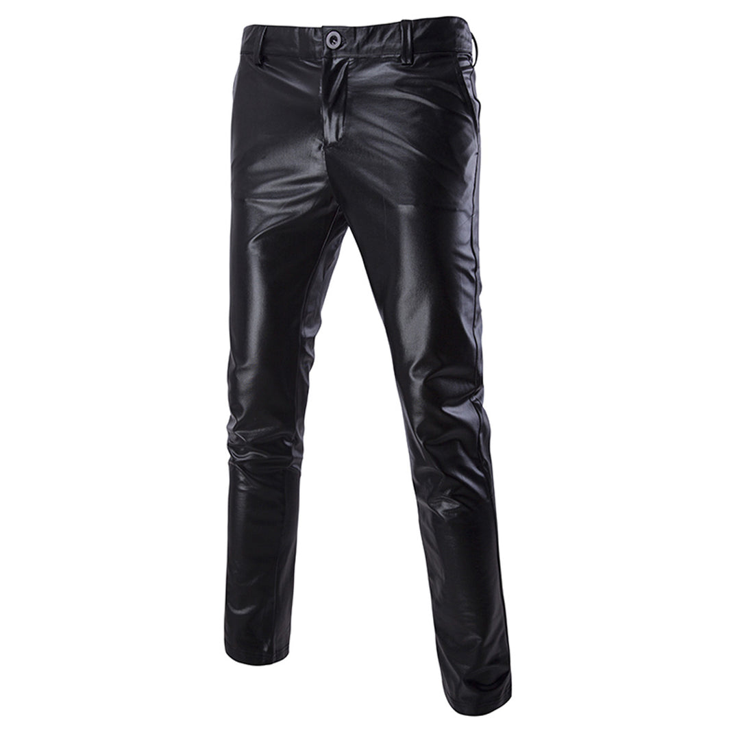 Mens Slim Fit Faux Leather Pants Fashion Casual Nightclub Straight Leg Trousers Image 1