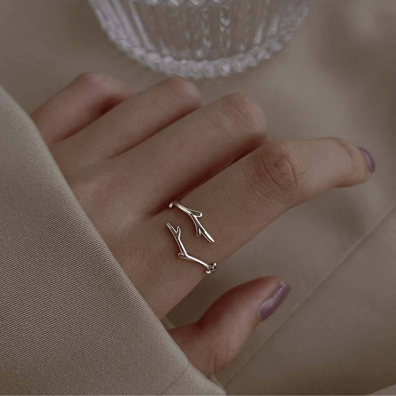 S925 silver antlers ring female INS cold wind minimal minimalist design high -level branches opening errone ring ring Image 2