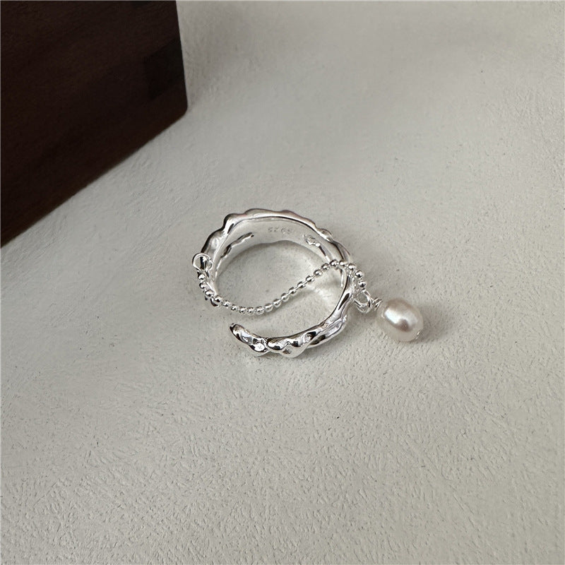 S925 Silver and Korean version of fashion pearl ring texture sense of niche design retro Korean rings in wind Image 2