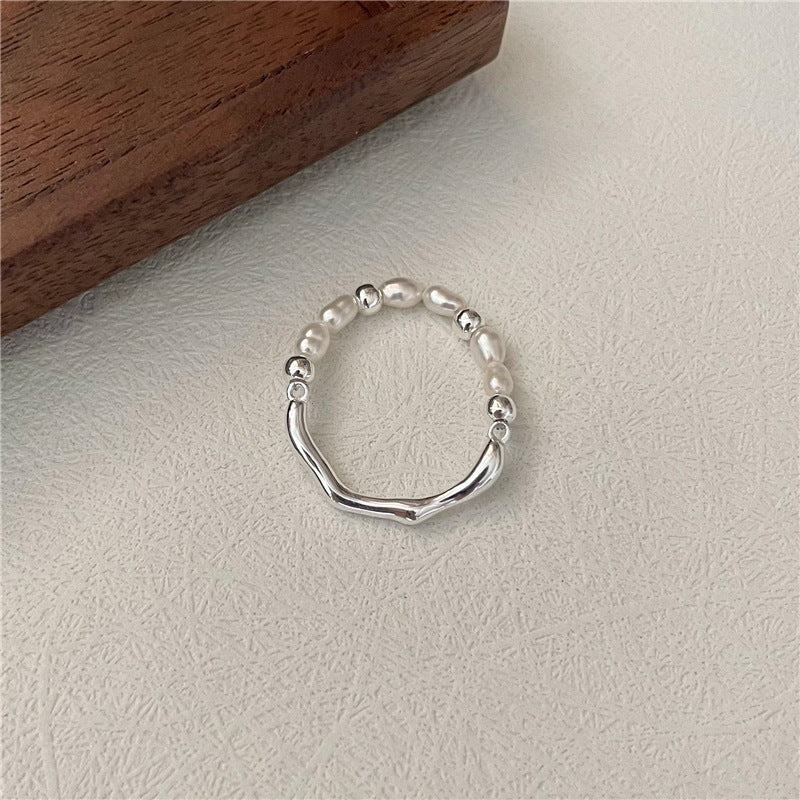 S925 silver irregular liquid streamline pearl ring Korean bloggers fashion style rumor silver jewelry Image 2