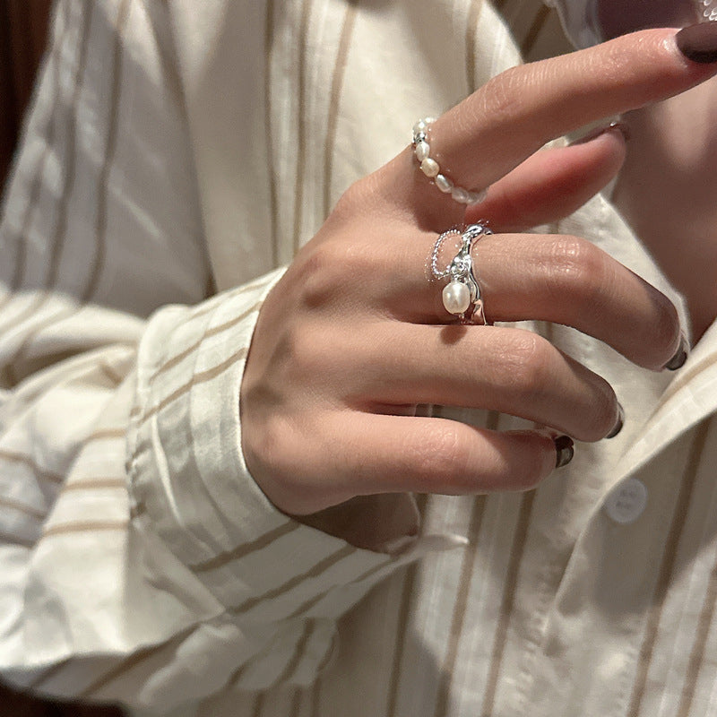 S925 Silver and Korean version of fashion pearl ring texture sense of niche design retro Korean rings in wind Image 3
