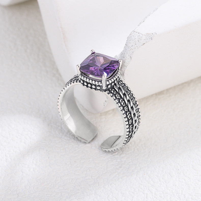 Dongdamen S925 Silver Fang Crystal Purple Simple Open Twist Temperature Heavy Industry Retro Ring Women Image 1