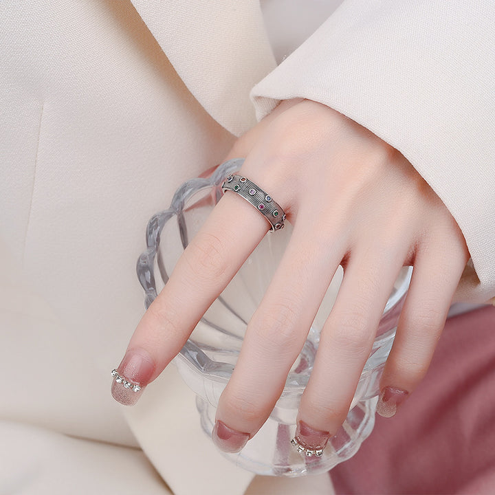 925 Silver color vermiculite ring Female  retro court style design sense niche drawn brushed surface C index finger ring Image 1