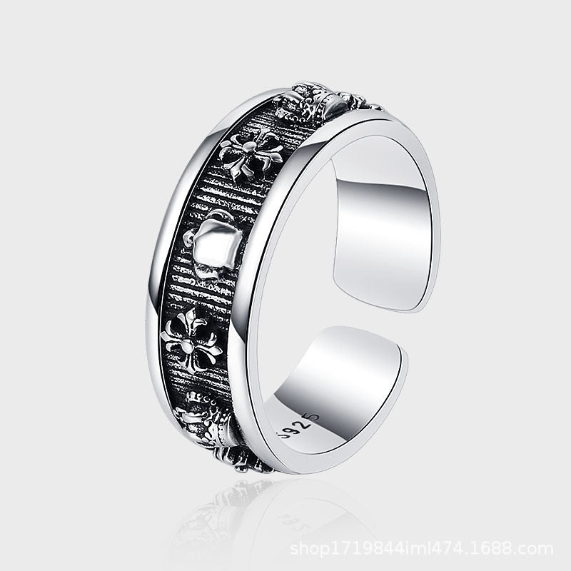 S925 Silver Retro Crown Ring Thai Silver Retro Fashion Ring Open Cross Flower Jewelry Men and Women Ring Image 1
