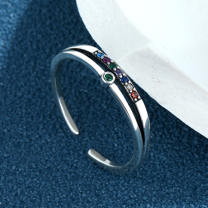 S925 Silver retro inlaid Rainbow vermiculite double -layer ring ins Image 2