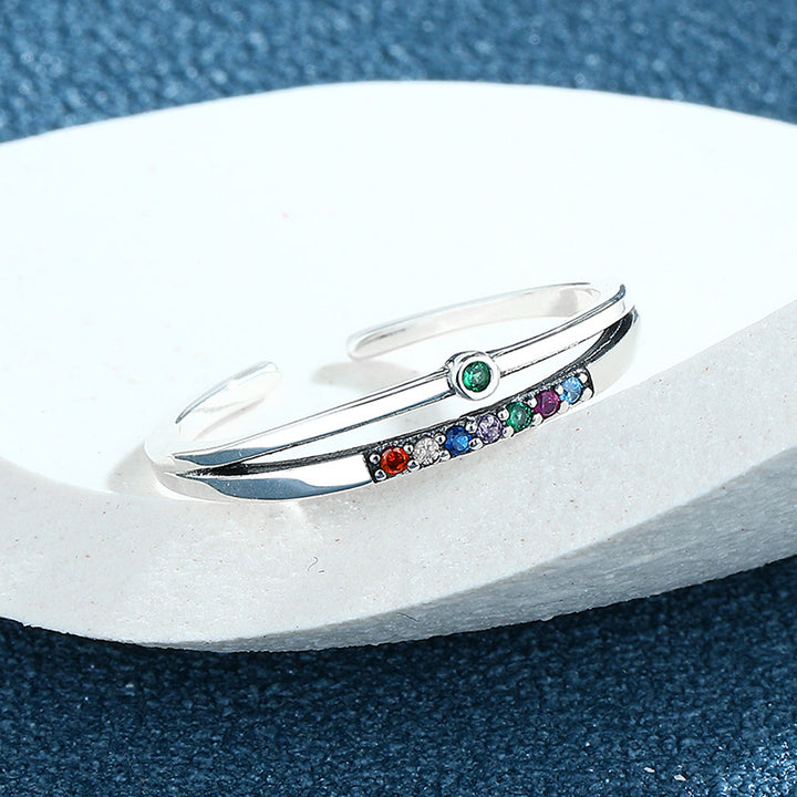 S925 Silver retro inlaid Rainbow vermiculite double -layer ring ins Image 3