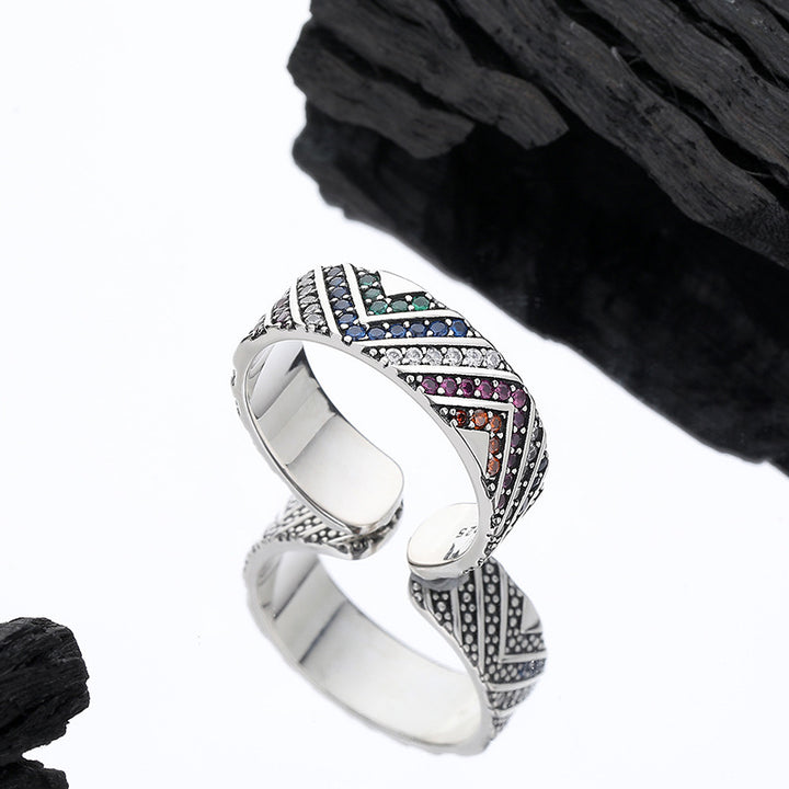 Silver 9255 colorful tribal ring female niche design retro color stone finger ring light luxury high -level sensing ring Image 1