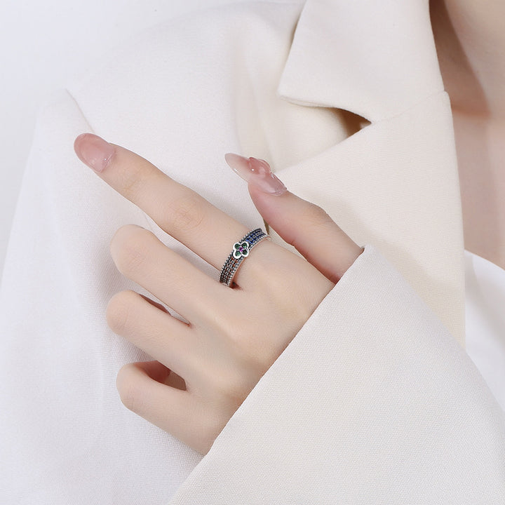 S925 Silver Ring Tide Retro Palace Wind Four Leaf Flower Double Plear Lottery Ring Ring as an old relief index ring ring Image 1