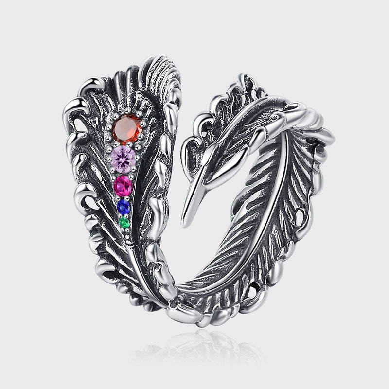 S925 Silver Establishment Design Feather Inlays Poor Ring Ring Female Retro Make Old Wind Peacock Feather Finger Image 1