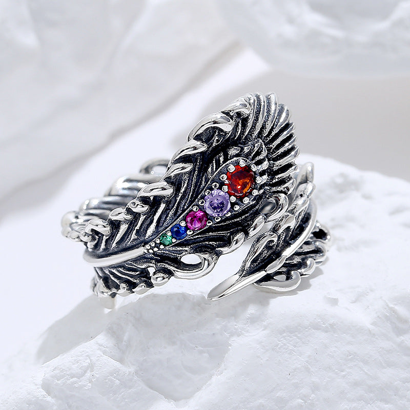 S925 Silver Establishment Design Feather Inlays Poor Ring Ring Female Retro Make Old Wind Peacock Feather Finger Image 3