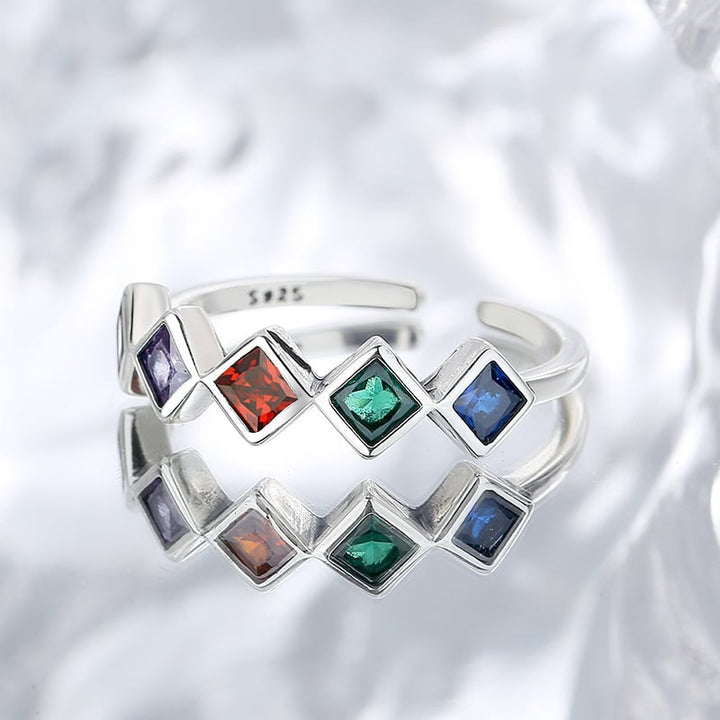 Niche design geometric silver rings inlaid with colored vermiculite opening ring temperament light luxury all daily Image 2
