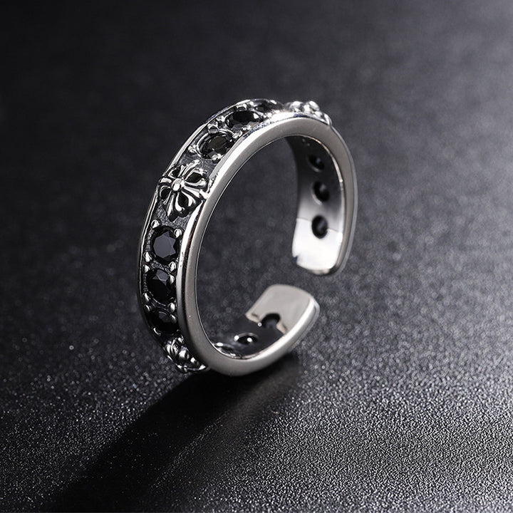 S925 Silver Retro Cross Black Ring Open Ring Light Luxury Small Exquisite Senior Cold Wind S three -dimensional relief Image 3