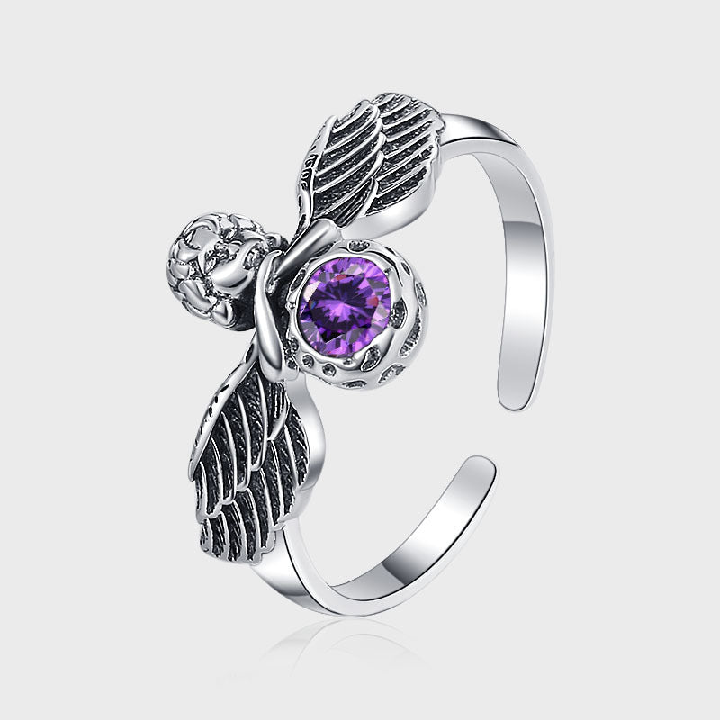 Silver 925 Angels Wing Ring Female Retro Make Old Angel Boy Small Design inlaid Purple Fingerprint Ring Image 1