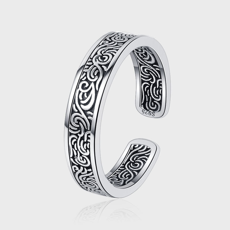 S925 Silver Silver Design Tang Cao Pattern Ring Womens Fashion Guo Tide Vintage Make Old Finger Cingle Image 1