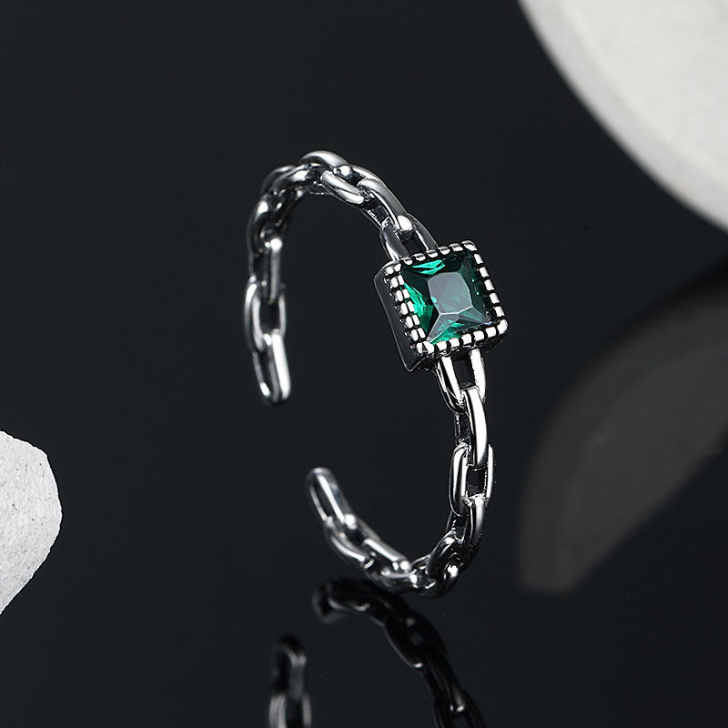 Welfare model S925 Silver Emerald Green Stone Chain Open Ring Ring Female Niche Design Finger Precepts Image 1