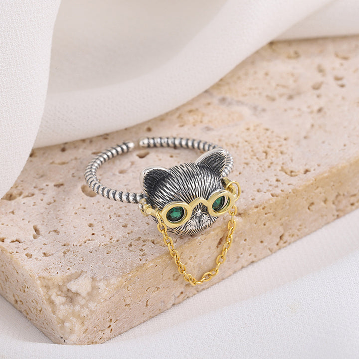 Douyin Explosion 925 Silver Cat Dr. Glasses Movement Chain Open Ring Womens Retro Green Eye Cat Finger Image 1