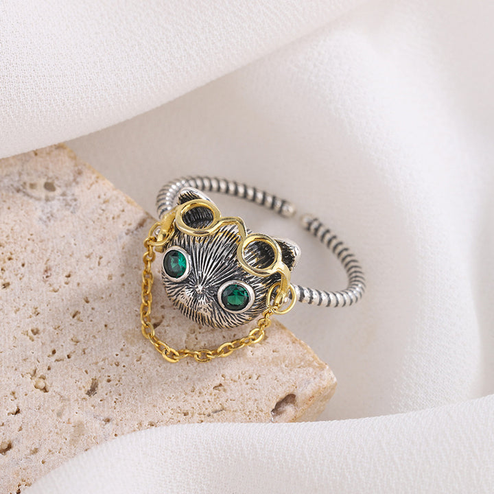 Douyin Explosion 925 Silver Cat Dr. Glasses Movement Chain Open Ring Womens Retro Green Eye Cat Finger Image 2