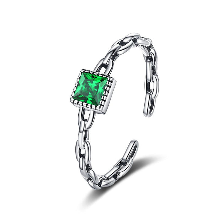 Welfare model S925 Silver Emerald Green Stone Chain Open Ring Ring Female Niche Design Finger Precepts Image 2
