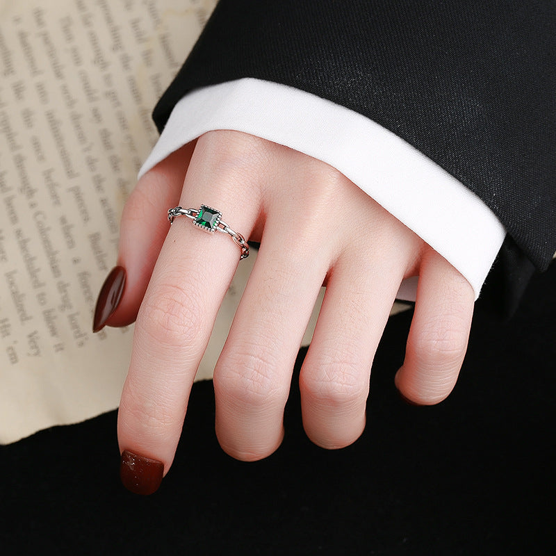 Welfare model S925 Silver Emerald Green Stone Chain Open Ring Ring Female Niche Design Finger Precepts Image 3