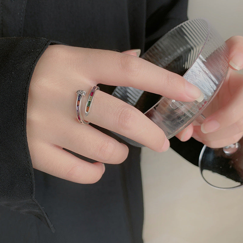 S925 Silver Rainbow Diamond Nail Ring Female Niche Slotstone Open Ring Ring High -level Sensory  Forefinger Ring Image 1