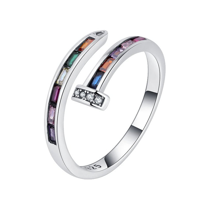 S925 Silver Rainbow Diamond Nail Ring Female Niche Slotstone Open Ring Ring High -level Sensory  Forefinger Ring Image 2