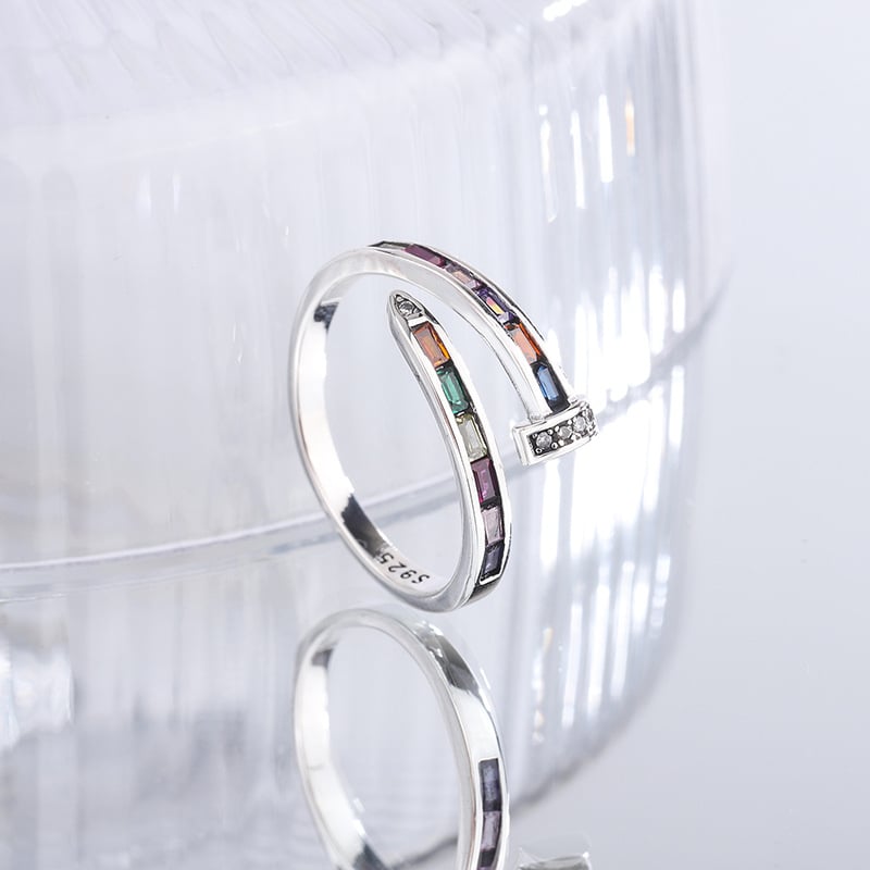 S925 Silver Rainbow Diamond Nail Ring Female Niche Slotstone Open Ring Ring High -level Sensory  Forefinger Ring Image 3