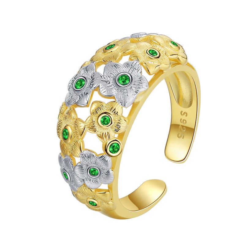 Seiko brushed technology S925 silver gold and silver color matching ring women flowers luxurious emerald grandmother Image 2