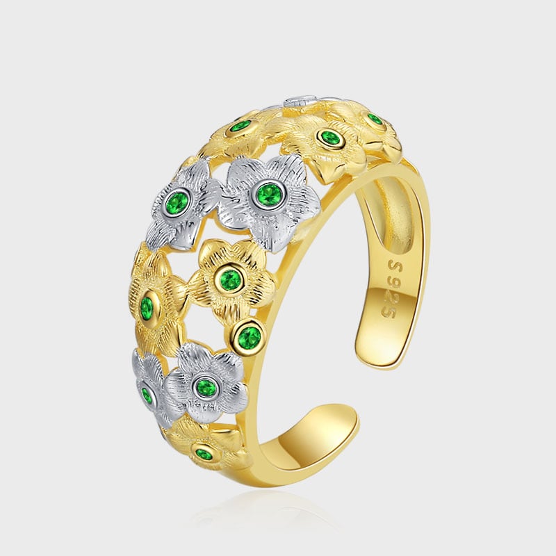 Seiko brushed technology S925 silver gold and silver color matching ring women flowers luxurious emerald grandmother Image 3