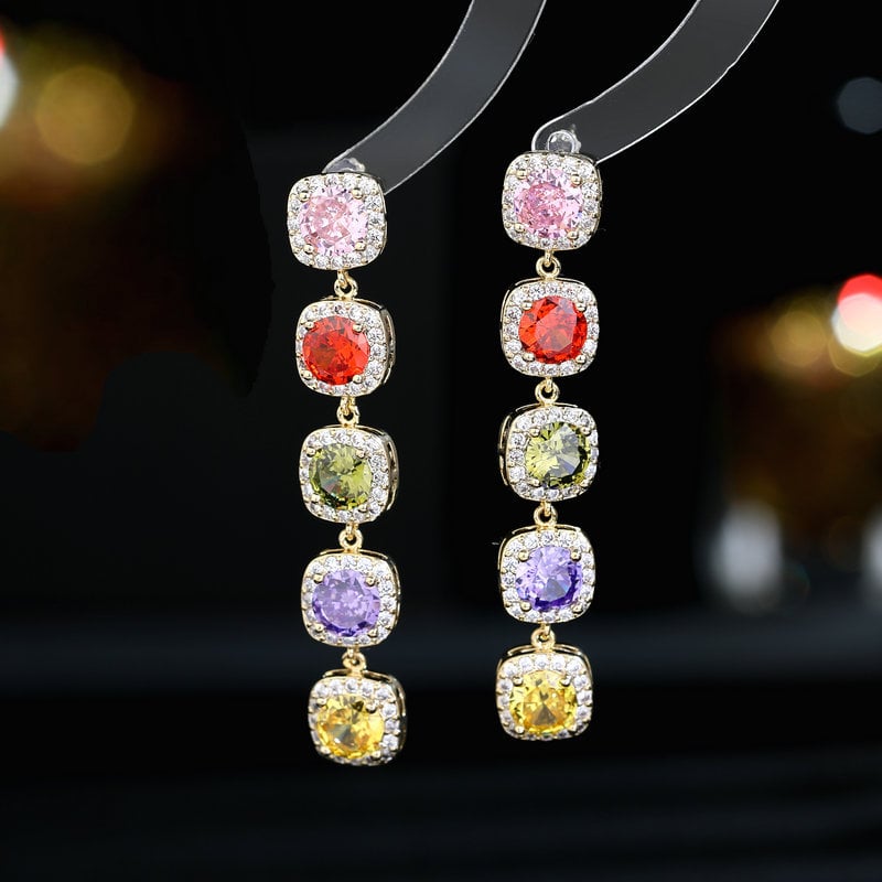 S925 silver needle niche light luxury high -grade sensory rainbow color earrings micro -inlaid process long tempera Image 2