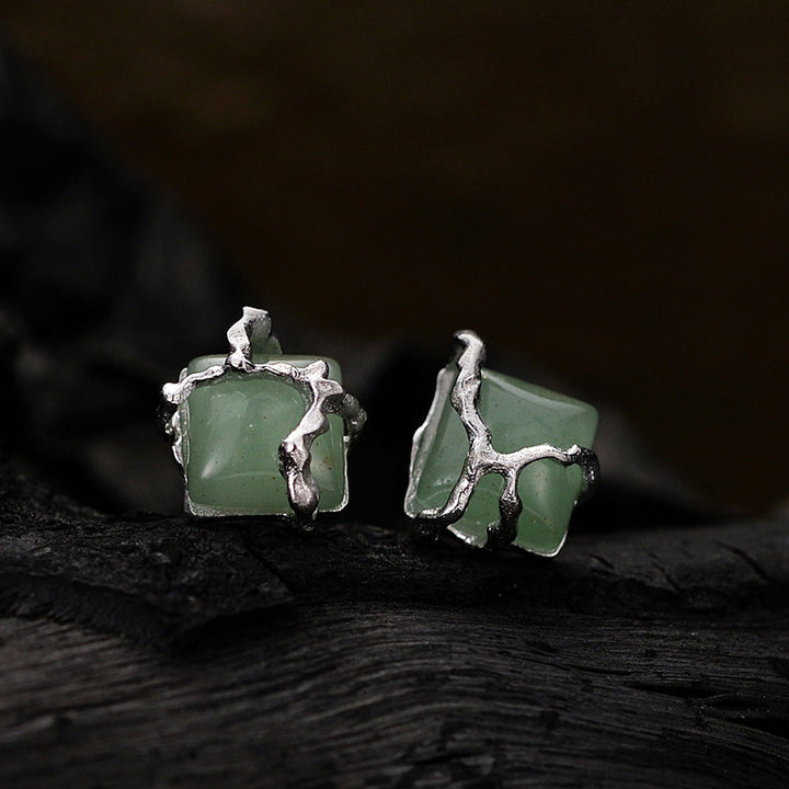 Chinese temperament earrings female simplicity and fresh S925 pure bank tide square beads green Dongling jade earrings Image 2