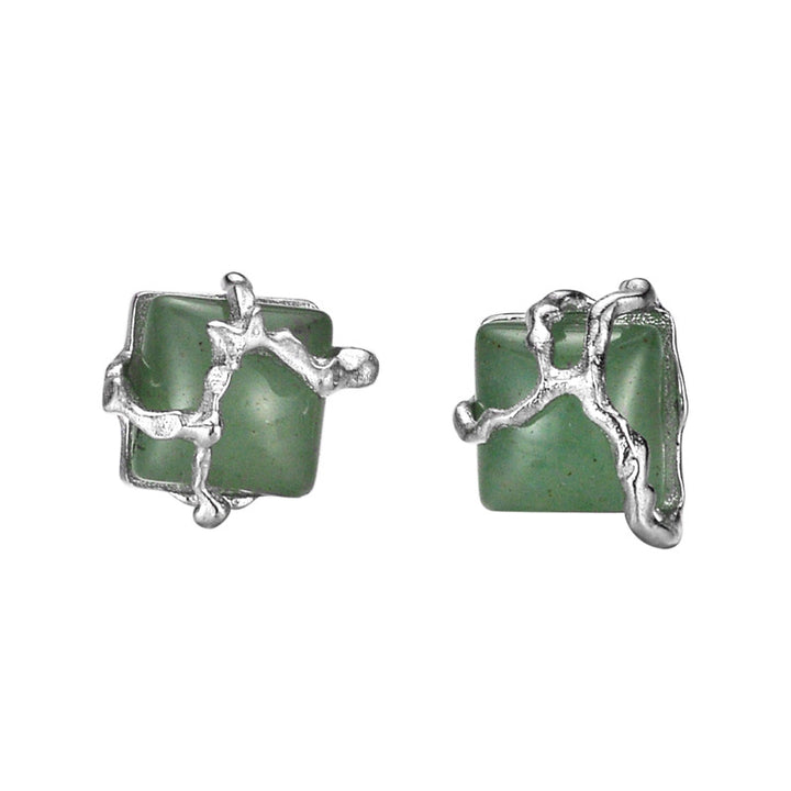 Chinese temperament earrings female simplicity and fresh S925 pure bank tide square beads green Dongling jade earrings Image 4