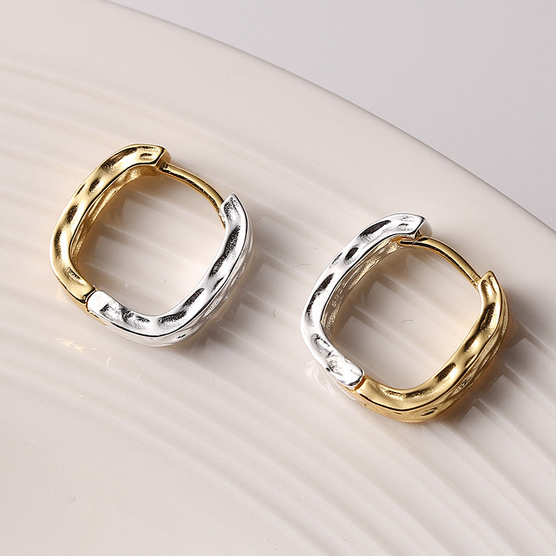 Irregular texture Circle ear buckle female 925 sterling silver simplicity gold and silver color matching design retro Image 1