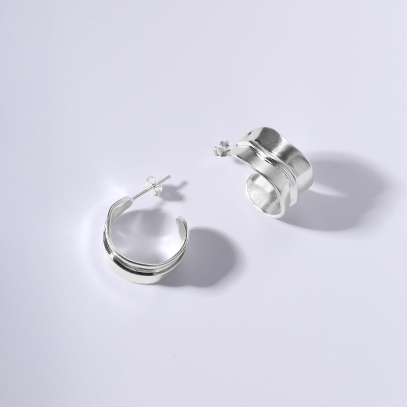 925 sterling silver irregular wide -faced line earrings Female simplicity niche design versatile C type C -circular Image 4