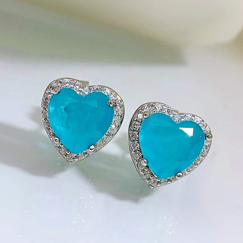 Simulation Paraba Love Earrings Caibao Emerald Earrone Heart Earrings Cross -border e -commerce jewelry Little Qingxin Image 2