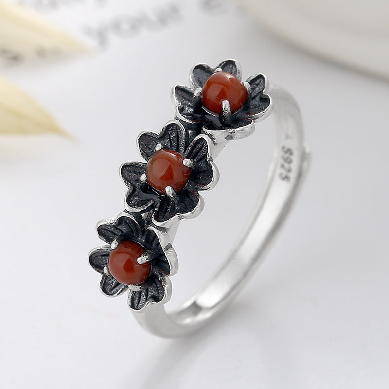 Chao Sheng S925 Pure silver retro making old south red agate flower modeling ring literary and art nation wind and food Image 1