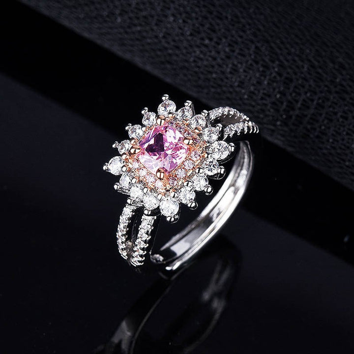 Hot -selling real pink and stone square rings Female light luxury drilling dual -color electroplated flowers bilateral Image 1