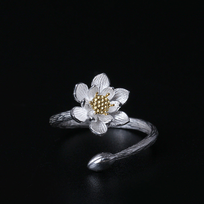 Creative S925 Silver Retro Fashion Flower Pointing Beautiful Lotus Open Ring National Classical Hand Accessories Image 1