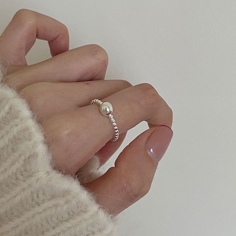 S925 sterling silver bean ring female INS minimalist cold air index finger design opening ring ring bead ring ring Image 1
