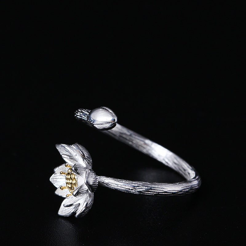 Creative S925 Silver Retro Fashion Flower Pointing Beautiful Lotus Open Ring National Classical Hand Accessories Image 2