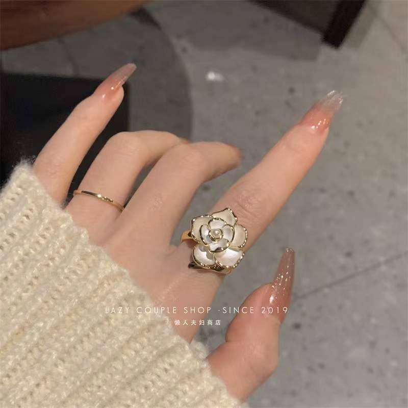 Niche retro temperament white rose flower opening ring can fine -tune Hanfan net red fashionable pearl index finger ring Image 1
