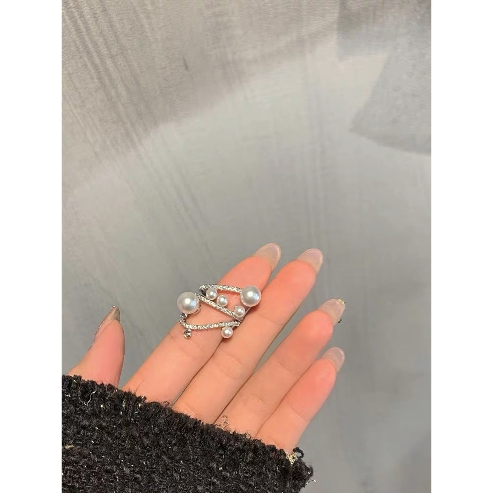 Ring female fashion personality entanglement inlaid pearl ring opening opening INS tide net red cold wind net red index Image 2