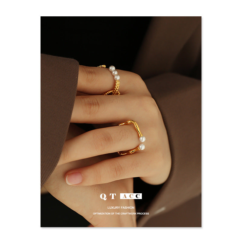 High -fideline Bronze Plating True Gold/Gao Liang Pearl Retro Niche Bamboo Founded Open Ring Women Image 1