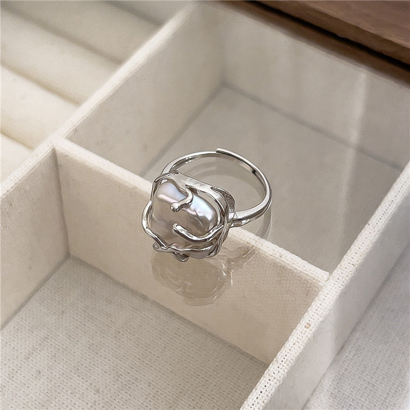 S925 sterling silver bundled pearl ring female Baroque alien Korean entangled light luxury niche ring Image 2