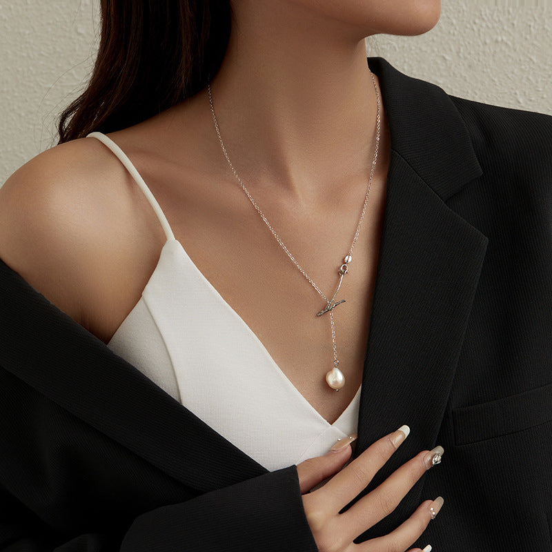 Branch necklace S925 pure silver Baroque freshwater pearl female LNS short clavicle chain Image 1