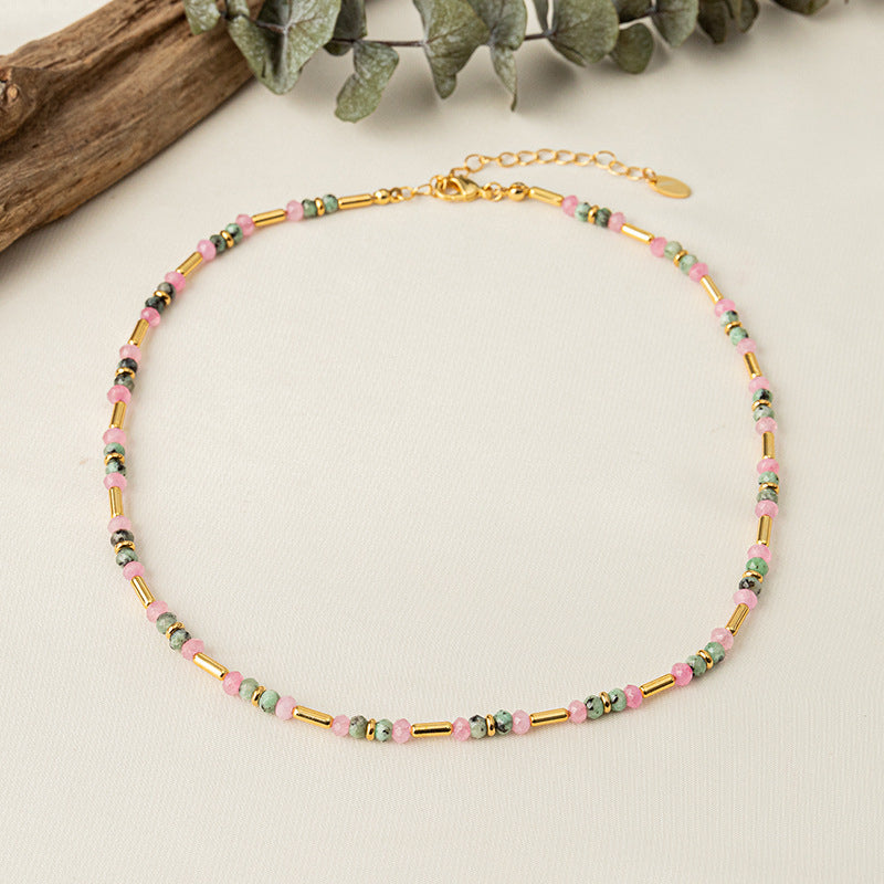 Spring  niche design feels powder green stone beading necklace contrasting color wild natural stone collar chain Image 3