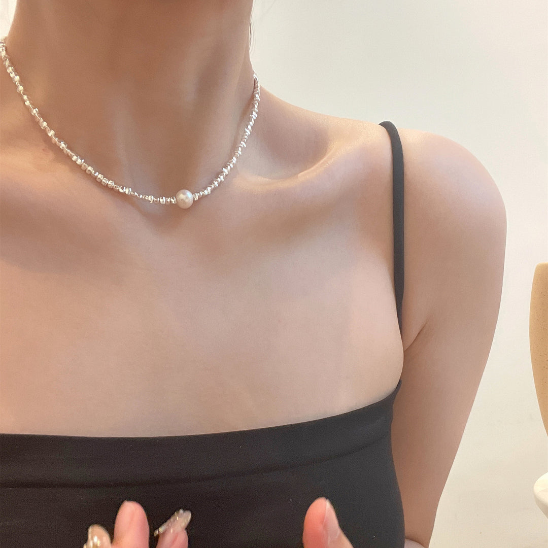 Triangle geometric crushed silver shell pearl necklace female summer clavicle chain niche design fashion  trend cold Image 3