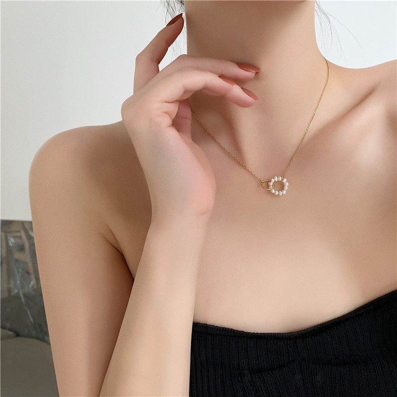 Very sweet handmade freshwater pearl true love ring necklace female  titanium steel gold -plated collarchain Image 1